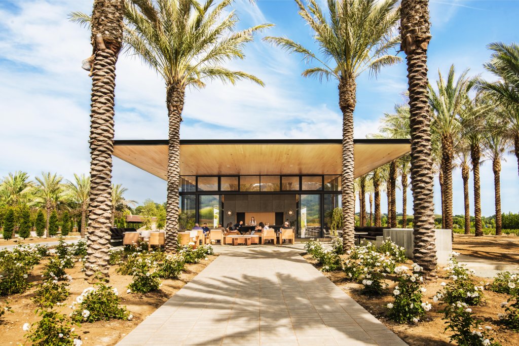 view looking towards tasting room patio at Caymus-Suisun Winery