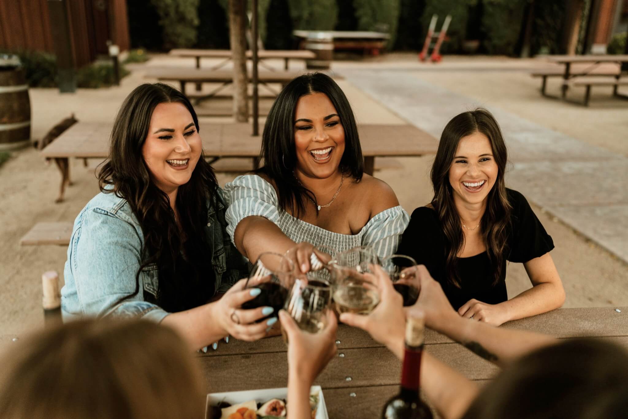 Friends toasting with drinks outdoors