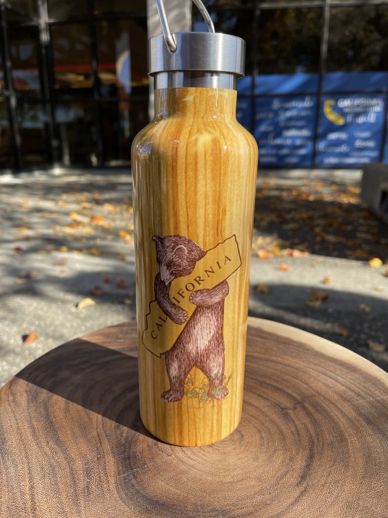 Water bottle with picture of california and bear on it